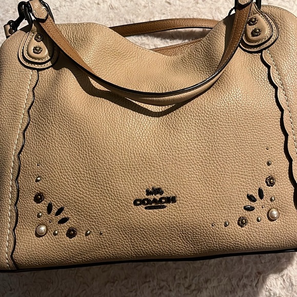 Coach Leather Tote Bag in Tan with Crossbody Strap and beading 9.5H x 15W - Picture 2 of 12